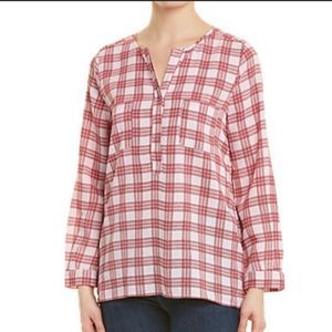 Joie light pink and red plaid popover blouse L